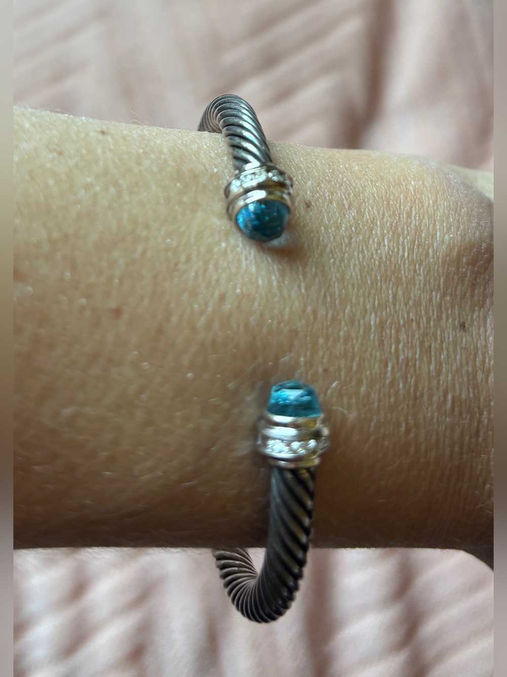 David Yurman Twisted Cable Cuff Bracelet 5mm w/ Blue Topaz stone and pave diamon